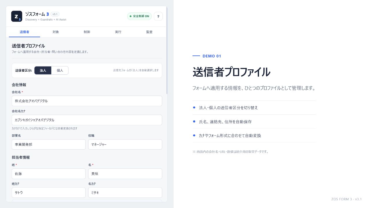 ゾスフォーム3号機 - 送信者プロフィールの操作画面