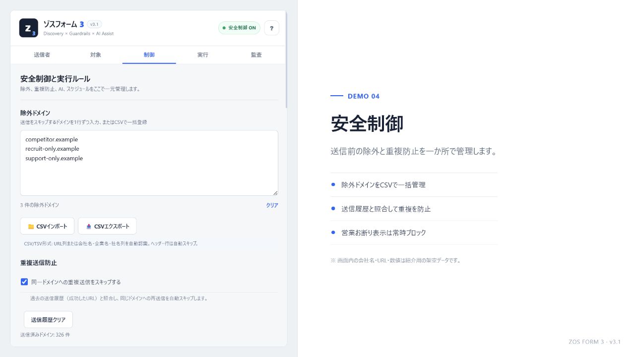 ゾスフォーム3号機 - 安全制御と重複防止の操作画面